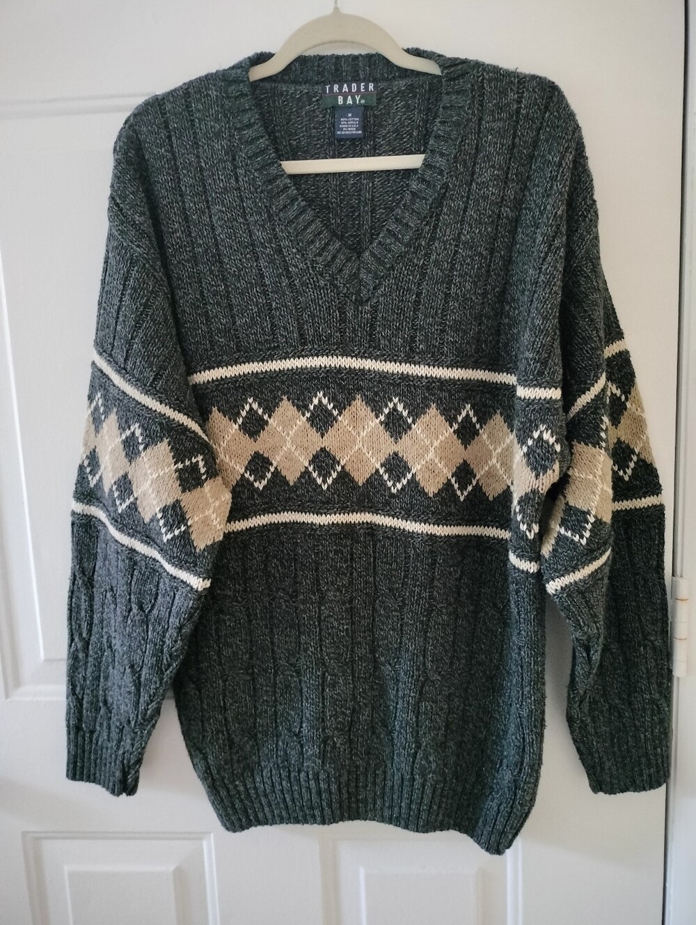 Trader Bay Mens Gray Cotton Blend Cable Knit Argyle Pullover Sweater M Preppy